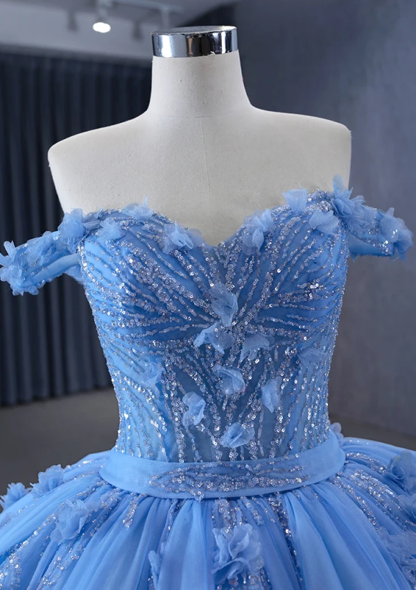 Haut de Gamme Bleu Perlage Paillettes Appliques Robe De Bal 2024 Robe Boule Bustier Sans Manches Dos Nu Train De Balayage Promo Robe De Ceremonie