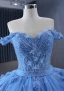 Haut de Gamme Bleu Perlage Paillettes Appliques Robe De Bal 2024 Robe Boule Bustier Sans Manches Dos Nu Train De Balayage Promo Robe De Ceremonie