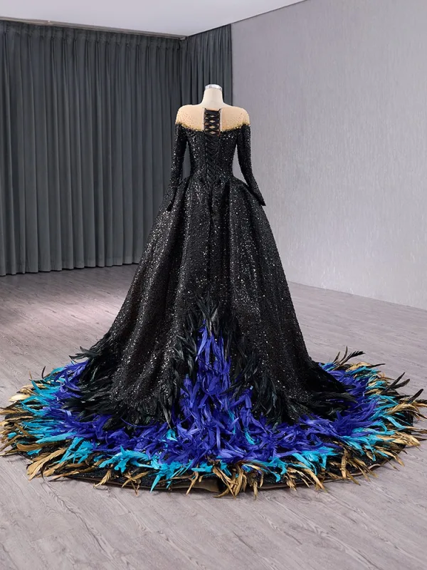 Unusual Luxury / Gorgeous Black Beading Sequins Multi-Colors Feather Prom Dresses 2024 Ball Gown Scoop Neck Long Sleeve Court Train Prom Formal Unusual Luxury / Gorgeous Black Beading Sequins Multi-Colors Feather Prom Dresses 2024 Ball Gown Scoop Neck Long Sleeve Court Train Prom Formal