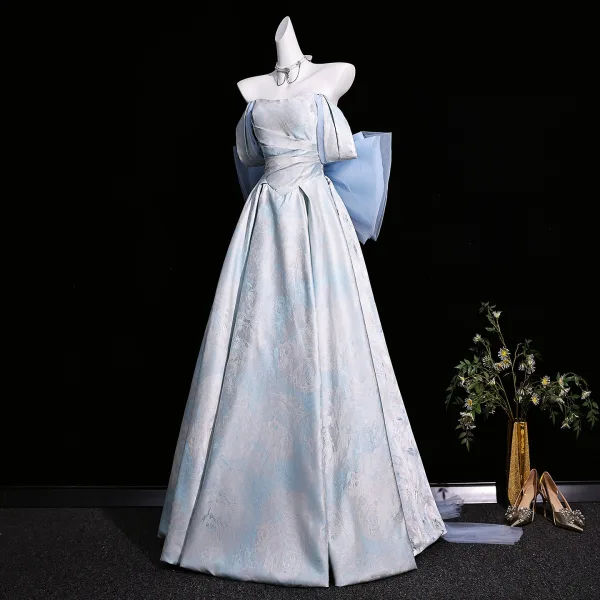 Vintage / Retro Sky Blue Printing Prom Dresses 2026 Ball Gown Off-The-Shoulder Short Sleeve Backless Bow Floor-Length / Long Formal Dresses