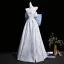 Vintage / Retro Sky Blue Printing Prom Dresses 2026 Ball Gown Off-The-Shoulder Short Sleeve Backless Bow Floor-Length / Long Formal Dresses