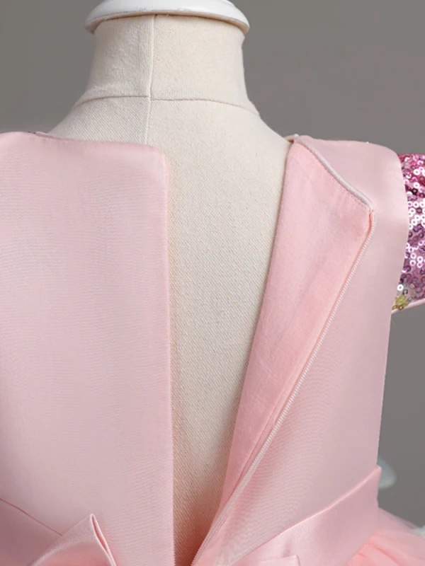 Chic / Beautiful Candy Pink Sequins Bow Sash Asymmetrical Birthday Flower Girl Dresses 2024 Ball Gown Scoop Neck Short Sleeve