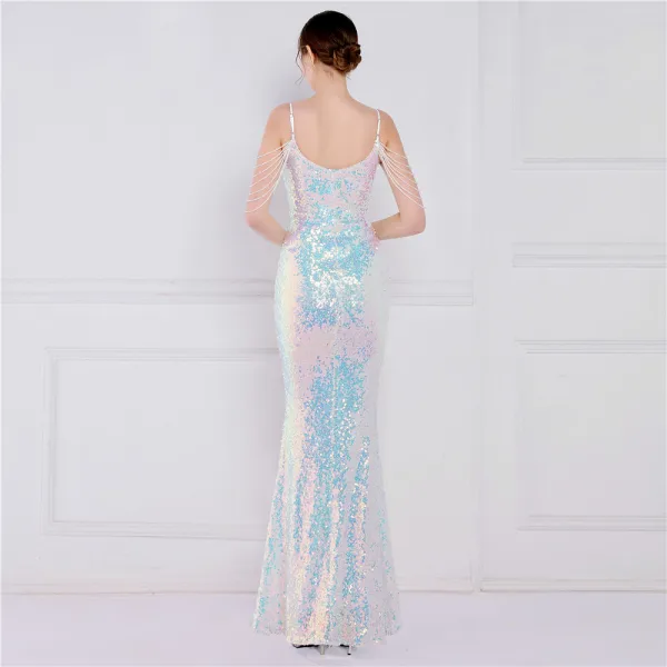 Scintillantes Blanche Laser Paillettes Robe De Soirée 2022 Trompette / Sirène Bretelles Spaghetti Sans Manches Dos Nu Perlage Longue Soirée Robe De Ceremonie