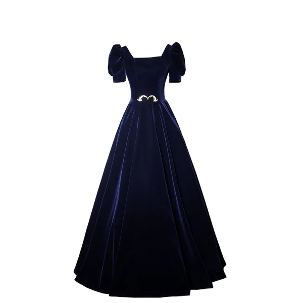 Elegant Navy Blue Suede Evening Dresses 2023 A-Line / Princess Square Neckline Short Sleeve Backless Floor-Length / Long Evening Party Formal Dresses