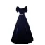 Elegant Navy Blue Suede Evening Dresses 2023 A-Line / Princess Square Neckline Short Sleeve Backless Floor-Length / Long Evening Party Formal Dresses