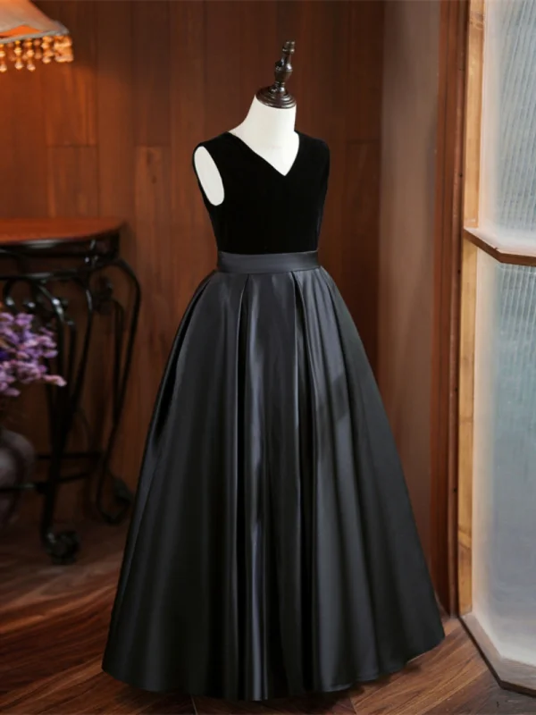 Chic / Beautiful Black Birthday Flower Girl Dresses 2024 A-Line / Princess V-Neck Sleeveless Backless Floor-Length / Long