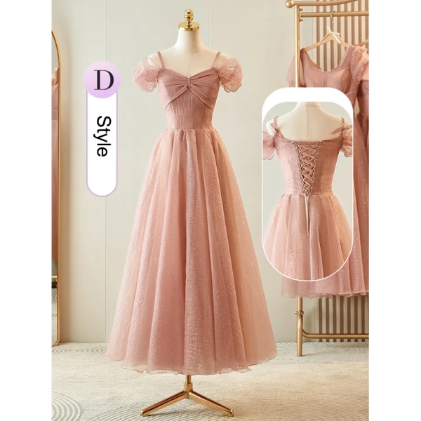 Simple Rougissant Rose Glitter Robe Demoiselle D'honneur 2023 Princesse Encolure Carrée Gonflée Manches Courtes Dos Nu Thé Longueur Robe Demoiselle D'honneur