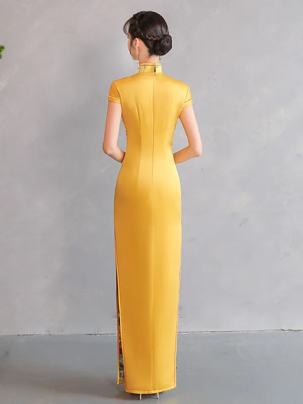 Vintage / Retro Chinese style Gold Lace Flower Split Front Cheongsam 2025 Trumpet / Mermaid High Neck Short Sleeve Floor-Length / Long Evening Party Cheongsam / Qipao