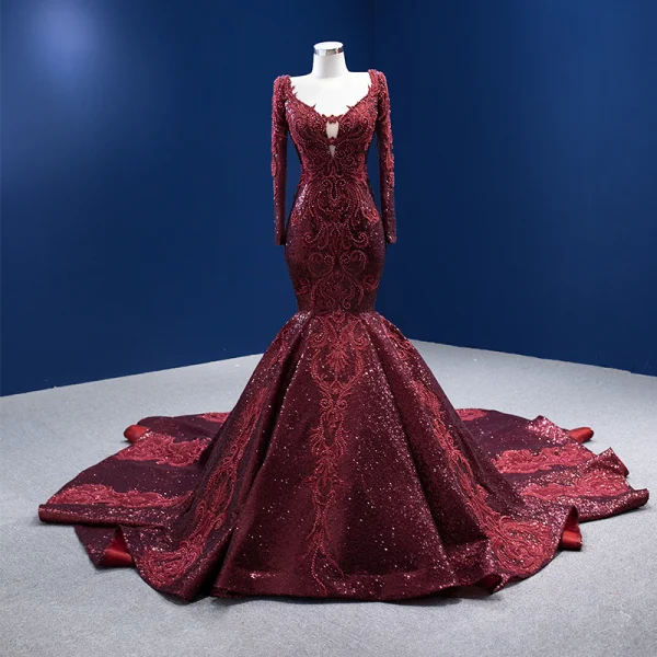 Luxury / Gorgeous High-end Burgundy Evening Dresses 2022 Trumpet / Mermaid Scoop Neck Beading Pearl Rhinestone Sequins Long Sleeve Royal Train Evening Party Formal Dresses