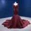 Luxury / Gorgeous High-end Burgundy Evening Dresses 2022 Trumpet / Mermaid Scoop Neck Beading Pearl Rhinestone Sequins Long Sleeve Royal Train Evening Party Formal Dresses