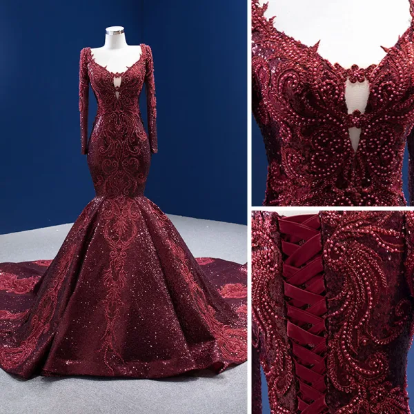 Luxury / Gorgeous High-end Burgundy Evening Dresses 2022 Trumpet / Mermaid Scoop Neck Beading Pearl Rhinestone Sequins Long Sleeve Royal Train Evening Party Formal Dresses