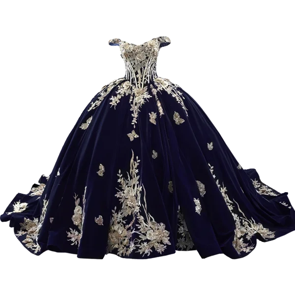 Vintage / Retro High-end Navy Blue Pearl Lace Flower Prom Dresses 2023 Ball Gown Off-The-Shoulder Sleeveless Backless Sweep Train Prom Formal Dresses