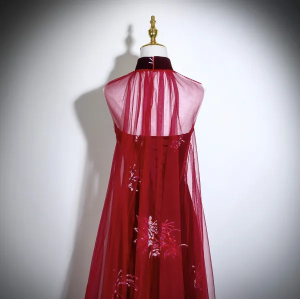 Chinese style Burgundy Sequins Velvet Evening Dresses 2025 Ball Gown High Neck Sleeveless Backless Floor-Length / Long Formal Dresses