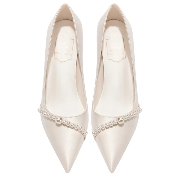Élégant Ivoire Cuir Perle Chaussure De Mariée 2022 8 cm Talons Aiguilles À Bout Pointu Mariage Escarpins Talons Hauts