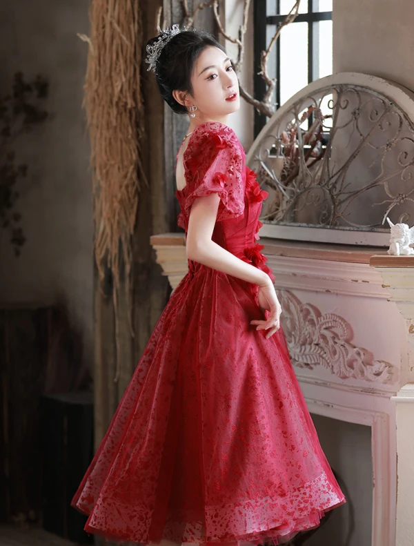 Chic / Beautiful Burgundy Homecoming Appliques Graduation Dresses 2024 A-Line / Princess Square Neckline Short Sleeve Backless Tea-length Formal Dresses
