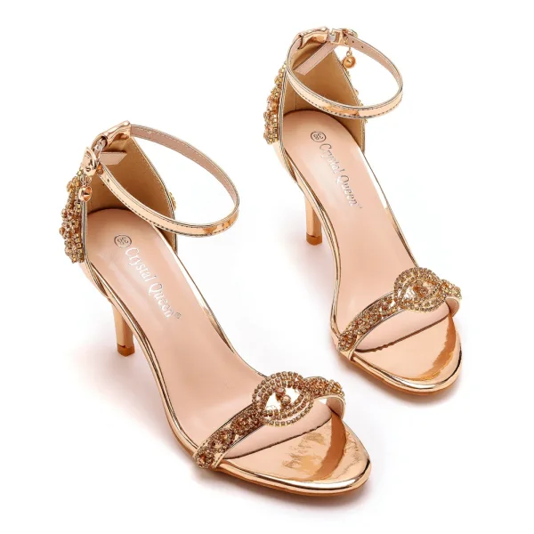 Sexy Champagne Evening Party Rhinestone Womens Sandals 2023 Ankle Strap 7 cm Stiletto Heels Open / Peep Toe Sandals High Heels