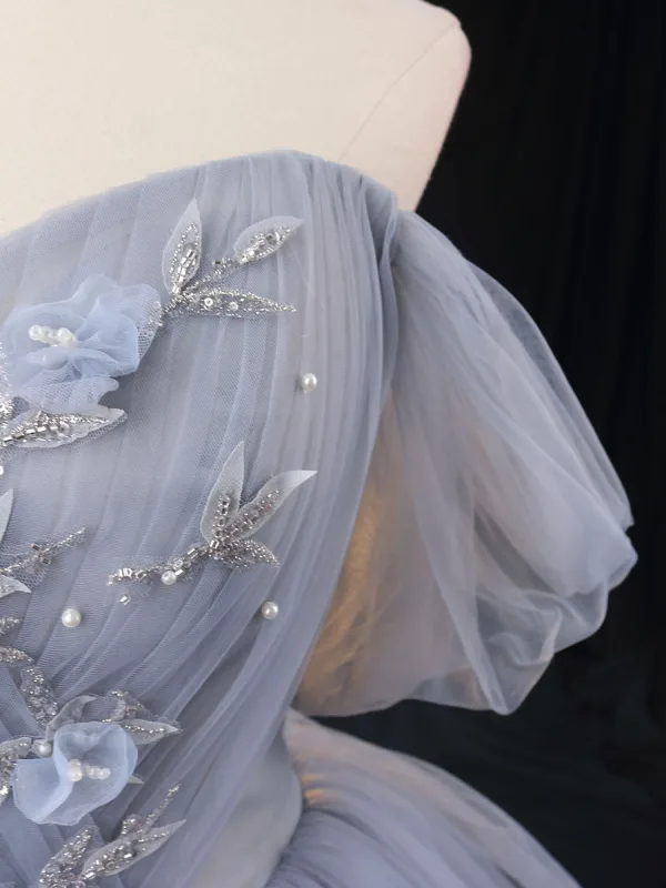 Chic / Beautiful Grey Sky Blue Beading Pearl Prom Dresses 2023 Ball Gown Off-The-Shoulder Short Sleeve Backless Floor-Length / Long Prom Formal Dresses