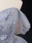 Chic / Beautiful Grey Sky Blue Beading Pearl Prom Dresses 2023 Ball Gown Off-The-Shoulder Short Sleeve Backless Floor-Length / Long Prom Formal Dresses
