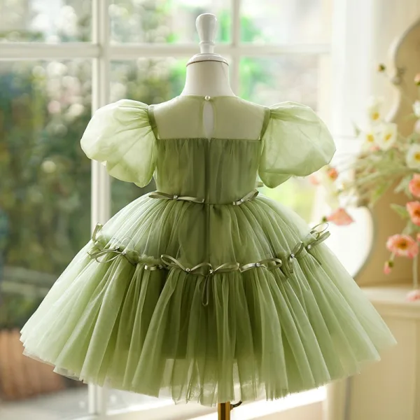 Modest / Simple Sage Green Birthday Bow Flower Girl Dresses 2024 Ball Gown Scoop Neck Puffy Short Sleeve Short