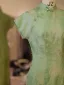 Chinese style Sage Green Split Front Silk Cheongsam 2026 Trumpet / Mermaid High Neck Short Sleeve Tea-length