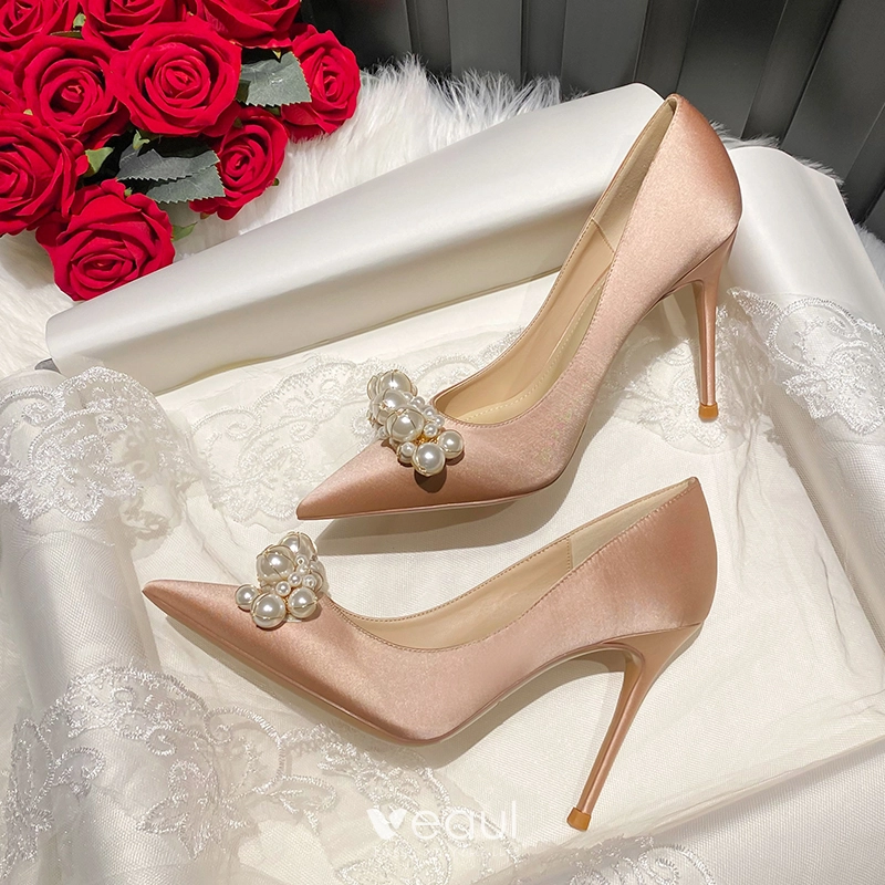 Chic Belle Champagne Perle Chaussure De Mariee 2023 Cuir 10 cm Talons Aiguilles A Bout Pointu Mariage Escarpins Talons Hauts