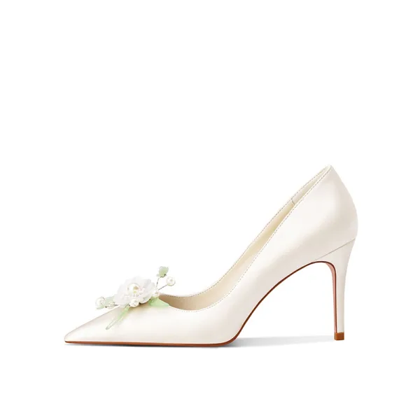 Chic / Beautiful Ivory Satin Pearl Flower Wedding Pumps 2022 Leather 8 cm Stiletto Heels Pointed Toe Pumps High Heels