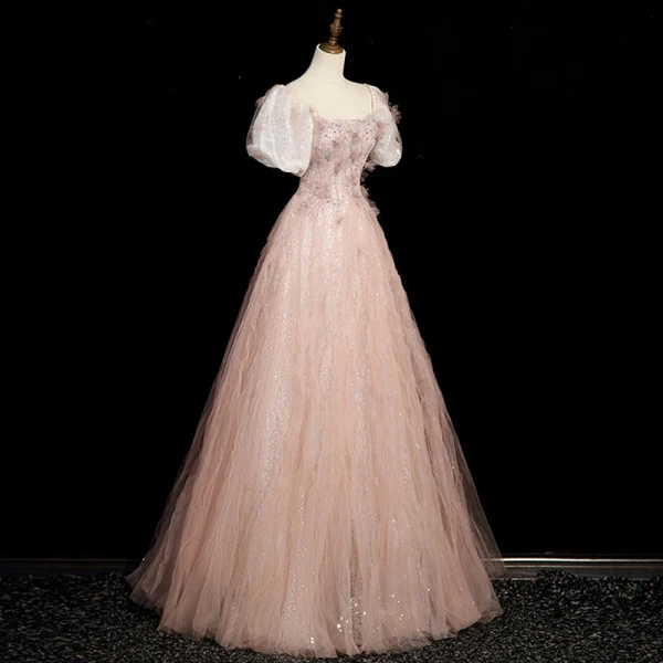 Charmant Rougissant Rose Paillettes Robe De Bal 2023 Princesse Encolure Carrée Manches Courtes Dos Nu Longue Robe De Ceremonie