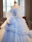 Elegant Sky Blue Cascading Ruffles Prom Dresses 2025 Ball Gown Off-The-Shoulder Short Sleeve Backless Sweep Train Formal Dresses