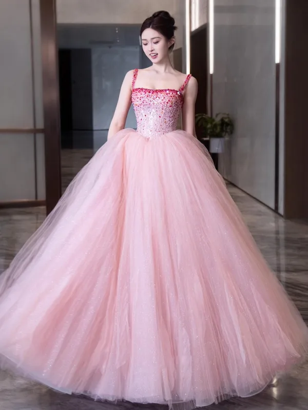 Chic / Belle Rougissant Rose Perlage Paillettes Robe De Bal 2024 Robe Boule Bretelles Spaghetti Sans Manches Dos Nu Longue Promo Robe De Ceremonie
