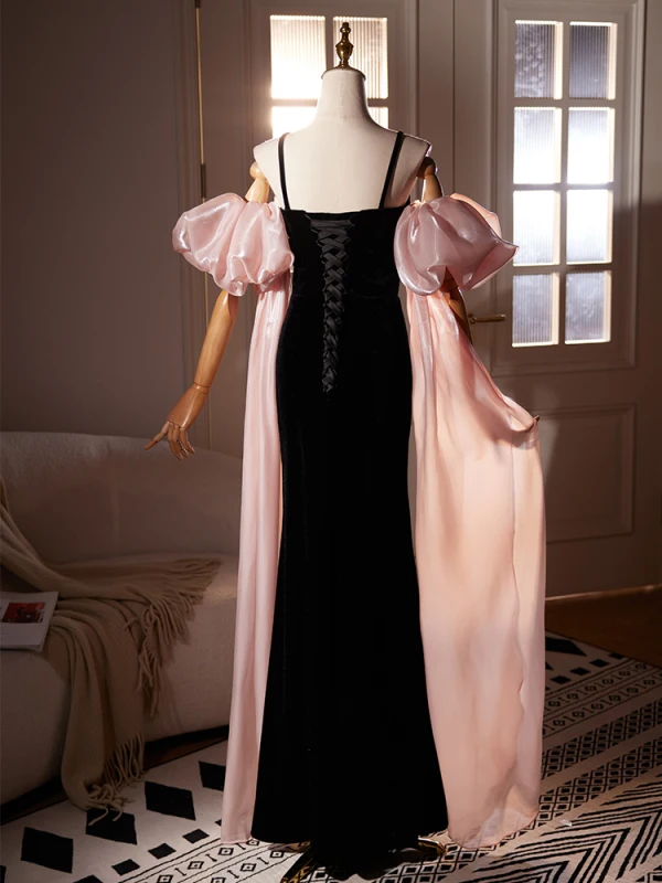 Chic / Beautiful Black Velvet Prom Dresses 2024 Trumpet / Mermaid Spaghetti Straps Puffy Short Sleeve Backless Floor-Length / Long Prom Formal Dresses
