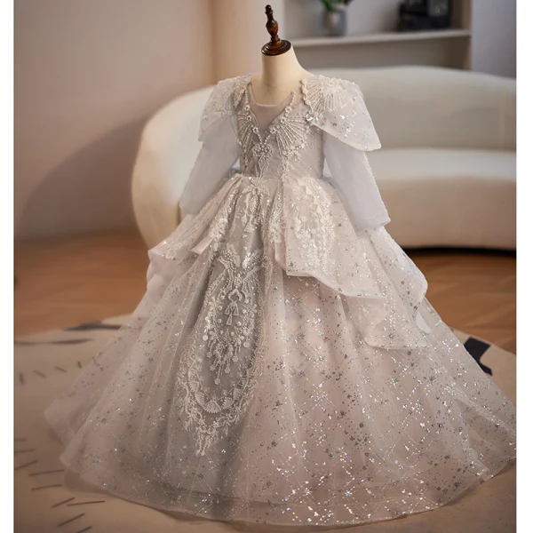 Vintage / Retro Grey Beading Pearl Sequins Cascading Ruffles Flower Girl Dresses 2024 Ball Gown Birthday Scoop Neck Long Sleeve Backless Floor-Length / Long