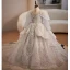 Vintage / Retro Grey Beading Pearl Sequins Cascading Ruffles Flower Girl Dresses 2024 Ball Gown Birthday Scoop Neck Long Sleeve Backless Floor-Length / Long