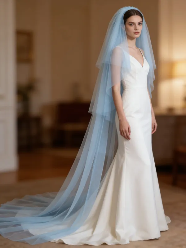 Simple Bleu Ciel Tulle Train De Balayage Voile De Mariée 2026