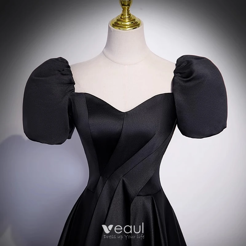 A Line Black Satin Square Bowknot newest Short Puffy Sleeves Long Formal Evening Dress Women’s Prom Wedding Party Junior Bridesmaid Dresses Gowns