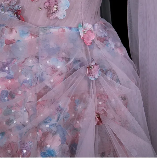 Flower Fairy Multi-Colors Appliques Rhinestone Prom Dresses 2025 A-Line / Princess Spaghetti Straps Sleeveless Backless Floor-Length / Long Formal Dresses