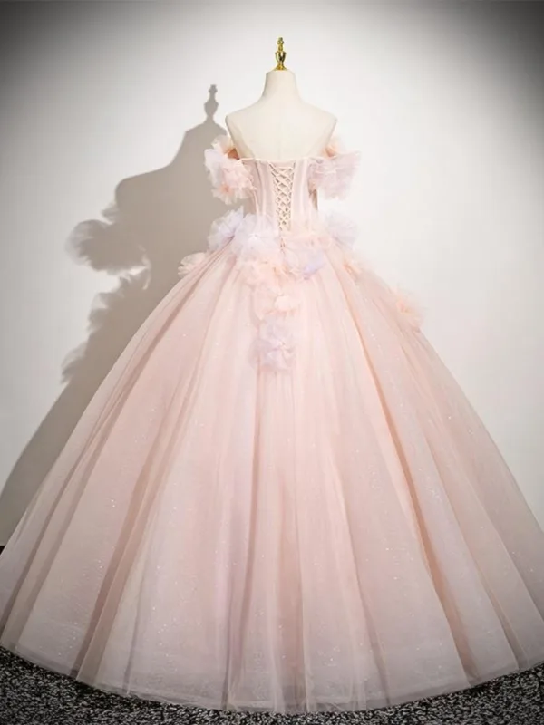 Chic / Beautiful Blushing Pink Beading Appliques Prom Dresses 2025 Ball Gown Off-The-Shoulder Short Sleeve Backless Floor-Length / Long Prom Formal Dresses