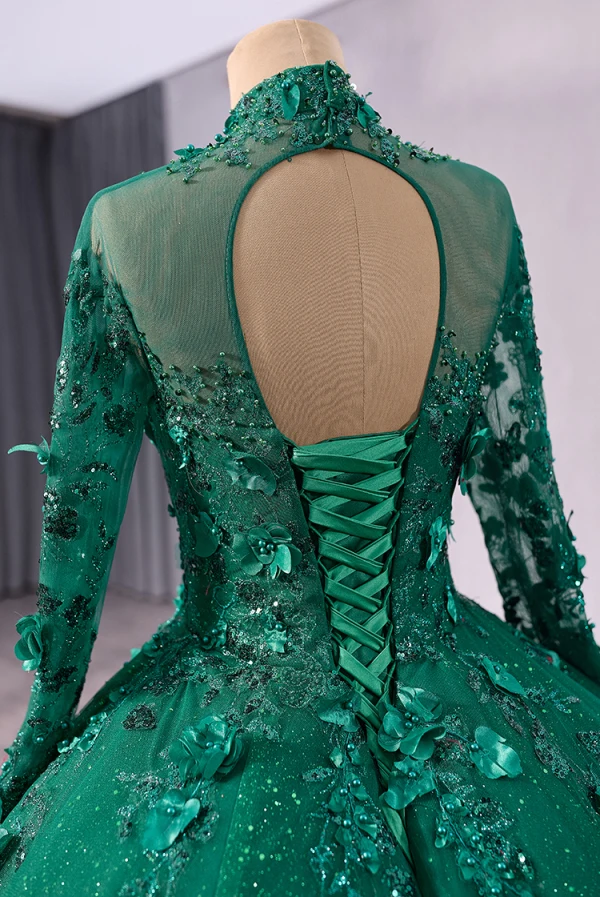 High-end Red Handmade  Beading Pearl Sequins Appliques Prom Dresses 2024 Ball Gown High Neck Long Sleeve Backless Chapel Train Prom Formal Dresses