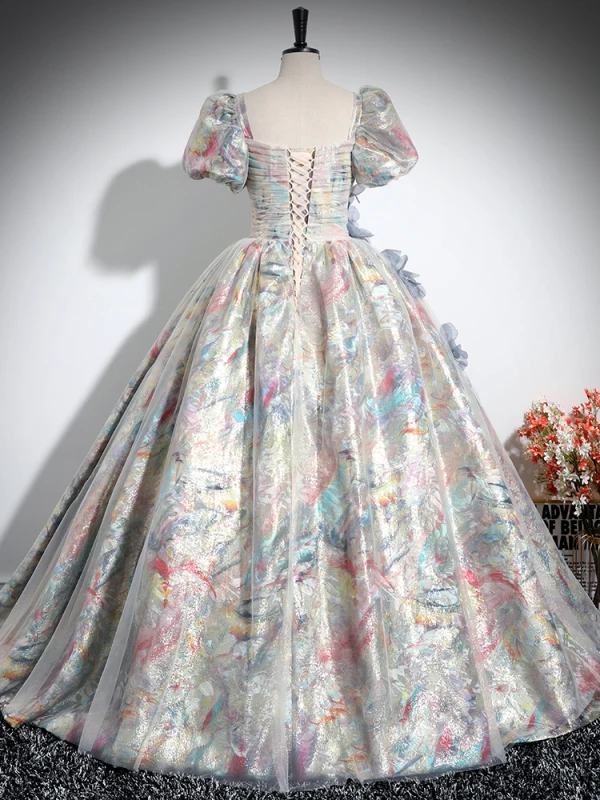 Fashion Multi-Colors Appliques Prom Dresses Ball Gown Square Neckline Short Sleeve Backless Floor-Length / Long Prom Formal Dresses