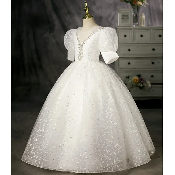 Bling Bling Ivory Pearl Sequins Birthday Flower Girl Dresses 2022 Ball Gown Scoop Neck Puffy Short Sleeve Floor-Length / Long Flower Girl Dresses
