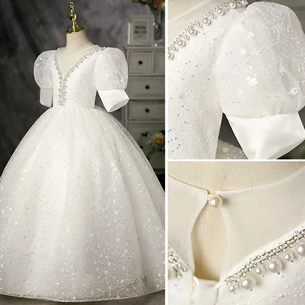 Bling Bling Ivory Pearl Sequins Birthday Flower Girl Dresses 2022 Ball Gown Scoop Neck Puffy Short Sleeve Floor-Length / Long Flower Girl Dresses
