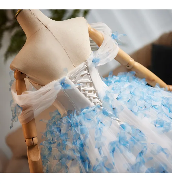 Flower Fairy White Appliques Wedding Dresses 2025 Ball Gown Off-The-Shoulder Short Sleeve Backless Floor-Length / Long