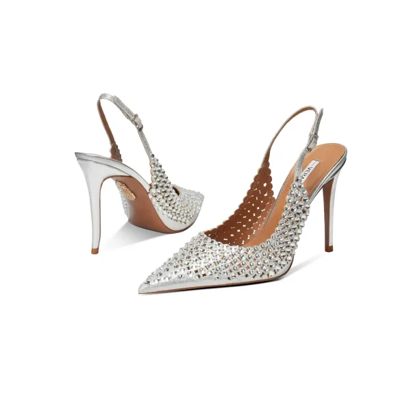 Sexy Silver Rhinestone Evening Party Womens Sandals 2025 Leather 10 cm Stiletto Heels Pointed Toe Sandals High Heels