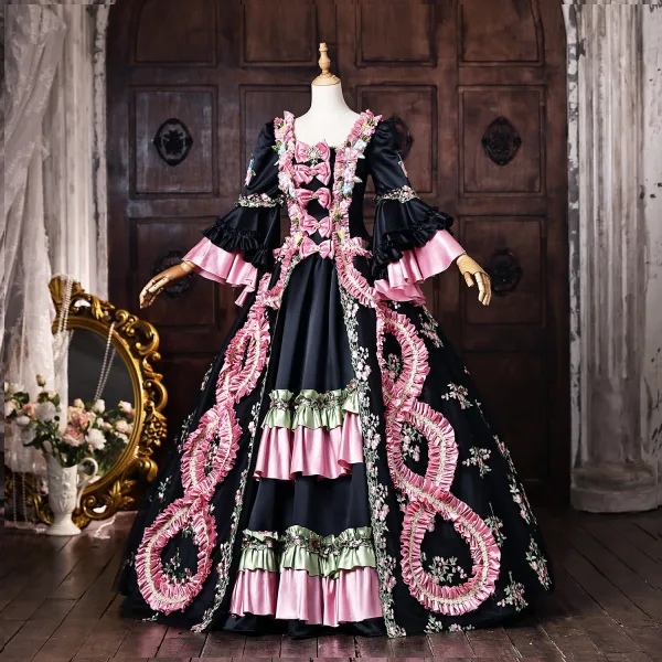 Medieval Vintage / Retro Black Bow Lace Flower Prom Dresses 2026 Ball Gown Square Neckline Bell sleeves Floor-Length / Long Formal Dresses