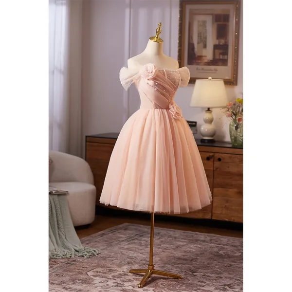 Modest / Simple Blushing Pink Beading Pearl Appliques Homecoming Knee-Length Graduation Dresses 2025 Ball Gown Off-The-Shoulder Short Sleeve Backless