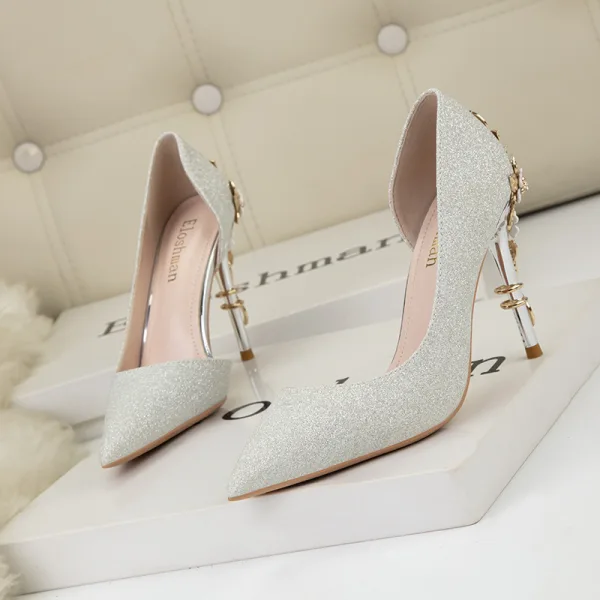 Charming Glitter White Wedding Shoes 2023 10 cm Stiletto Heels Pointed Toe Wedding High Heels