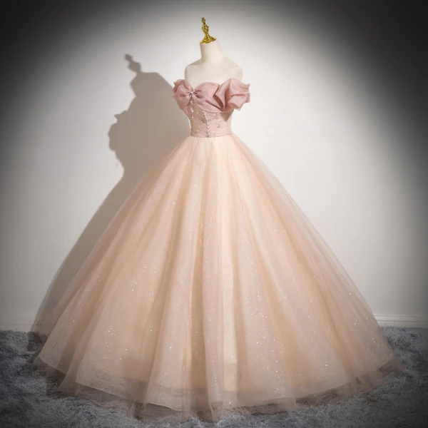 Elegant Champagne Beading Pearl Prom Dresses 2024 Ball Gown Ruffle Off-The-Shoulder Sleeveless Backless Floor-Length / Long Prom Formal Dresses
