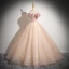 Elegant Champagne Beading Pearl Prom Dresses 2024 Ball Gown Ruffle Off-The-Shoulder Sleeveless Backless Floor-Length / Long Prom Formal Dresses