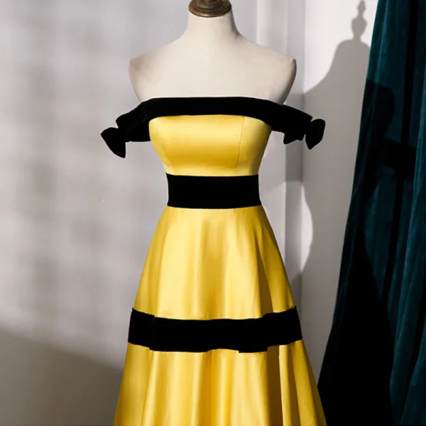 Fashion Yellow Satin Evening Dresses 2023 A-Line / Princess Strapless Sleeveless Backless Floor-Length / Long Evening Party Formal Dresses