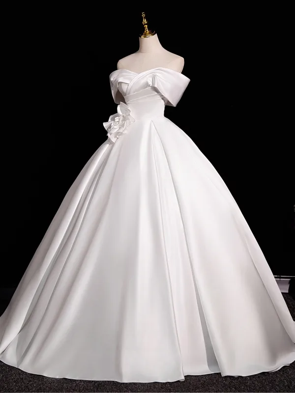 Elegant White Satin Flower Prom Dresses 2025 Ball Gown Off-The-Shoulder Short Sleeve Backless Floor-Length / Long Prom Formal Dresses