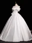 Elegant White Satin Flower Prom Dresses 2025 Ball Gown Off-The-Shoulder Short Sleeve Backless Floor-Length / Long Prom Formal Dresses